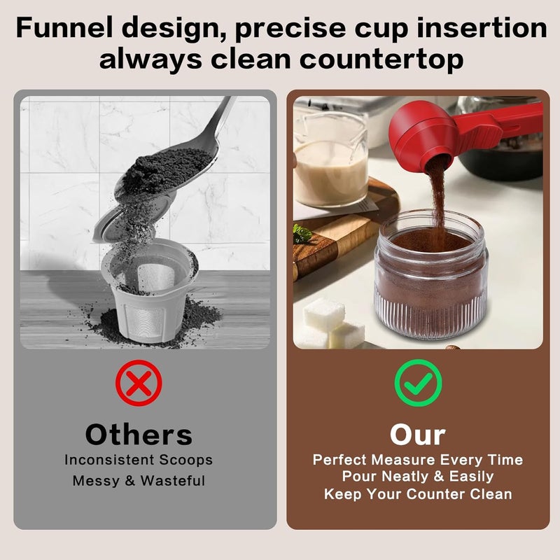 CEILUPY 2-in-1 Coffee Scoop with Funnel, 2 Teaspoon Measuring Spoon for Reusable Pods, Ground Coffee, Protein Powder & Tea, Mess-Free Plastic Design (Red) - Image 4
